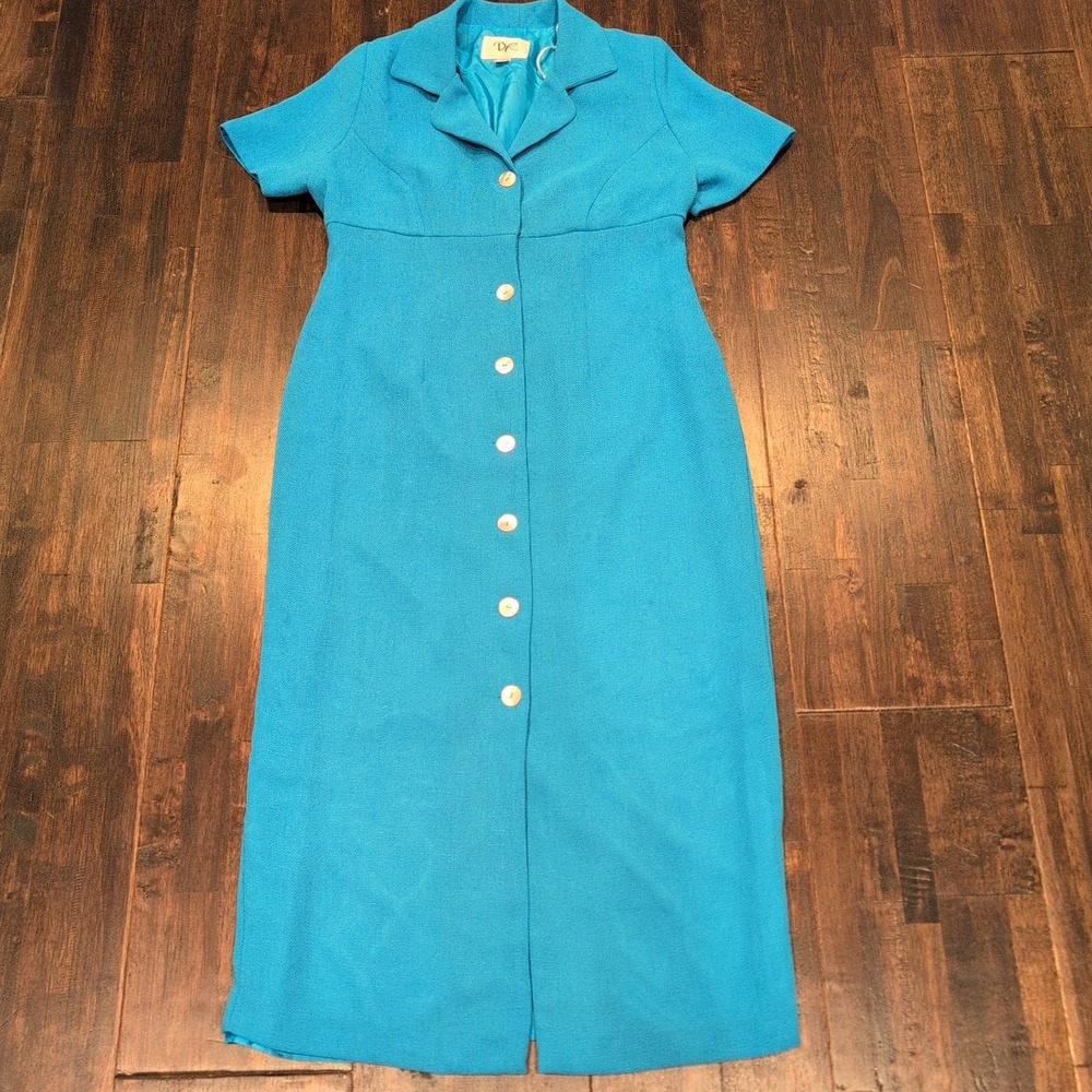 Vintage DR Blue Midi Pearl Shell Button Front Dress Womens 6 Fitted‎ Lined